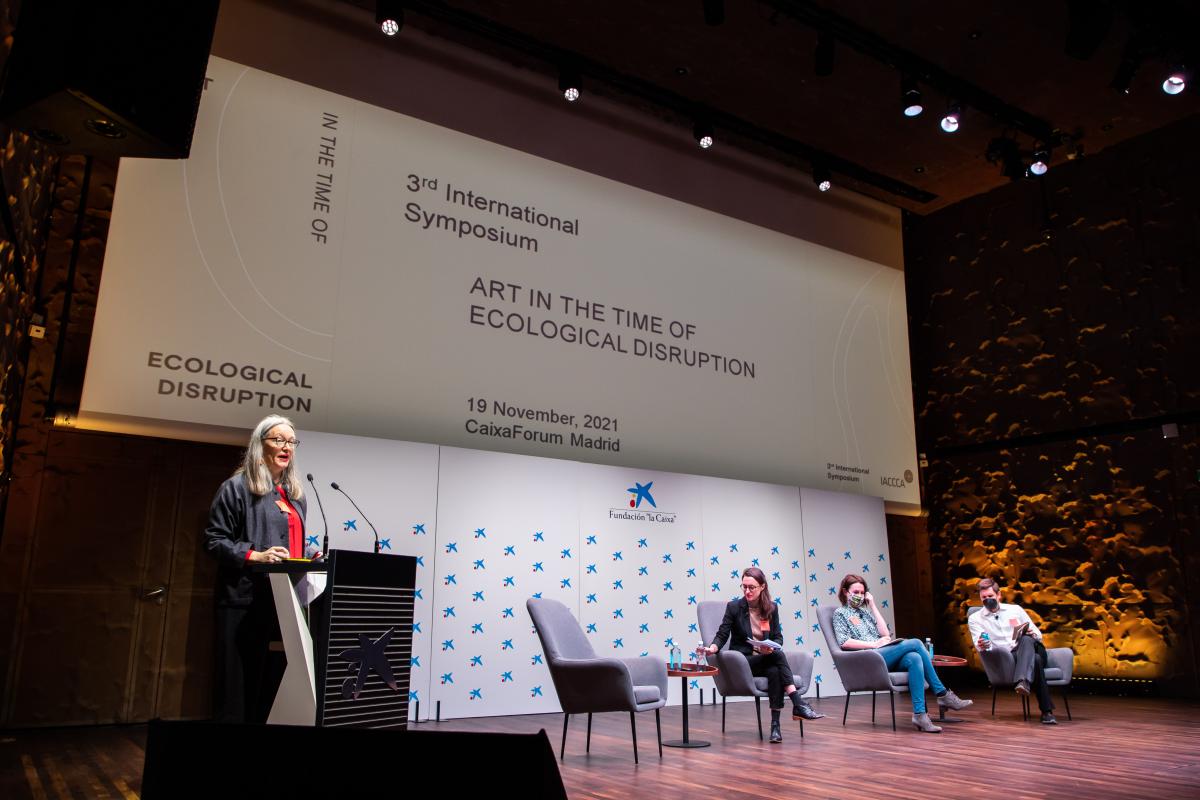 Alice Sharp, Artistic Director of Invisible Dust and Moderator of the Symposium, with the speakers Lucy Wood, Creative Producer, Heidi Ballet, Independent Curator and Markus Reymann, Director of TBA21-Academy