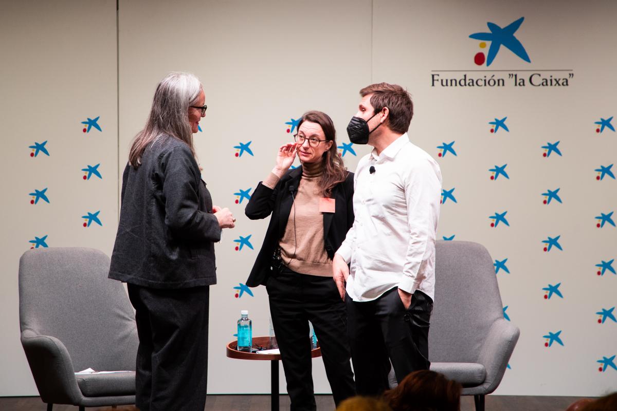 Alice Sharp, Artistic Director of Invisible Dust and Moderator of the Symposium, discussing with speakers Heidi Ballet, Independent Curator and Markus Reymann, Director of TBA21-Academy