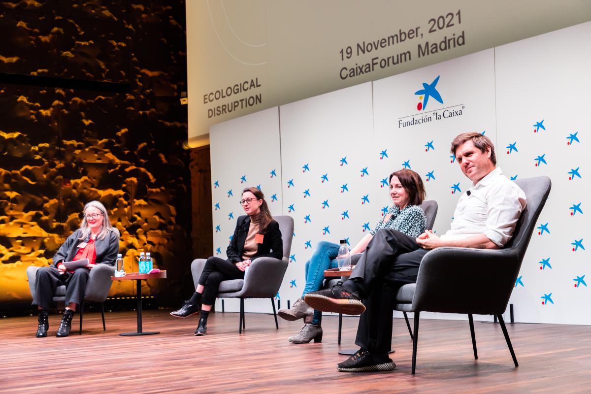 Panel discussion during the morning session between Alice Sharp, Artistic Director of Invisible Dust and Moderator of the Symposium, and speakers: Lucy Wood, Creative Producer; Heidi Ballet, Independent Curator and Markus Reymann, Director of TBA21-Academy